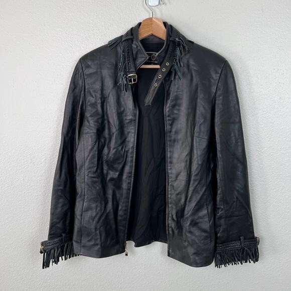 St. John Sport By Marie Gray SZ 6 Black Leather Jacket Removable Fringe Collar - Picture 12 of 16